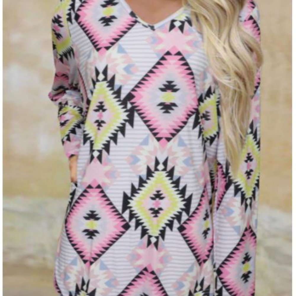 V Neck Striped Aztec Print Twisted Long Sleeve Top - Picture 2 of 5